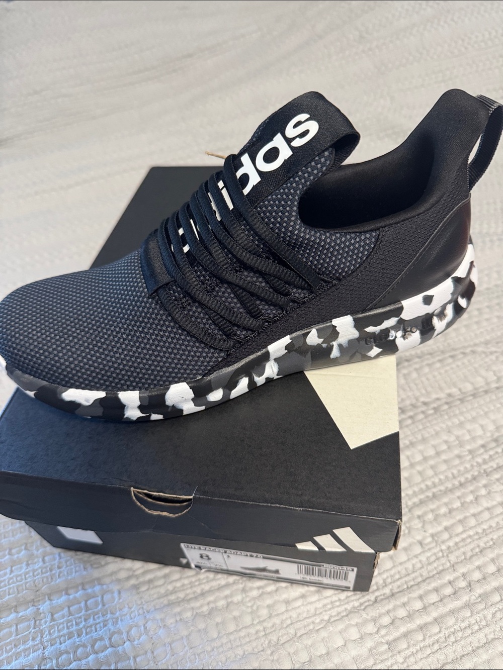 adidas Black Knit Slip-On Sneaker with Black & White Camo Midsole